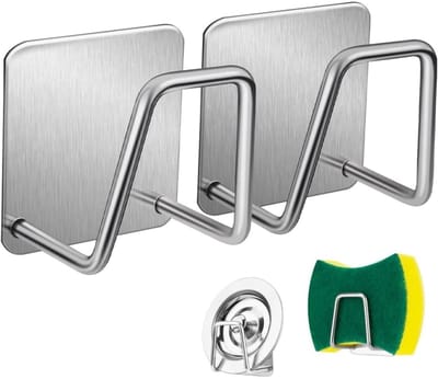 QTTVBTNA - 2 Stuks Sponshouders voor Gootsteen - RVS - Zelfklevende Keuken Organizer - Waterbestendige Sink Caddy voor Spons en Afwasborstel - Keuken accessoires - Keuken Organizers - Roestbestendig en Praktisch - Zilver