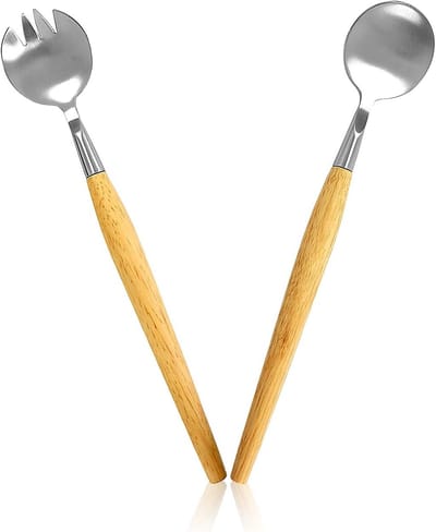 Set van 2 RVS Salade Vorken met Houten Handvat voor Salades, Soepen en Noodles (28,5 cm)