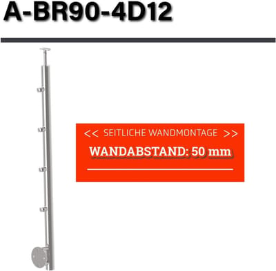 RVS Balustrade Paal - Balkon Reling - Terras Afscheiding - Vier Dwarsstaafhouders - 90cm Hoog - Zilver