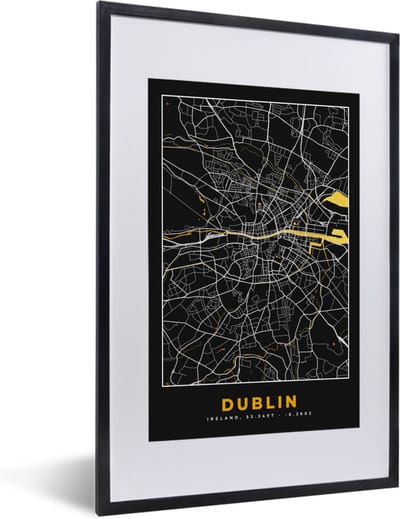 Fotolijst incl. Poster - Dublin - Goud - Plattegrond - Stadskaart - Kaart - 40x60 cm - Posterlijst