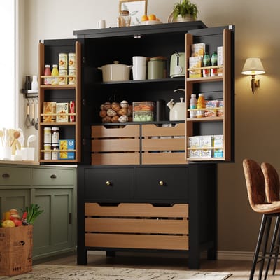 DESMIU Keukenkast - Veelzijdige Opbergkast Met 2 Deuren En 5 Laden - Voor Keuken Eetkamer En Woonkamer - MDF En Metaal - 80x40x140 Cm - Zwart