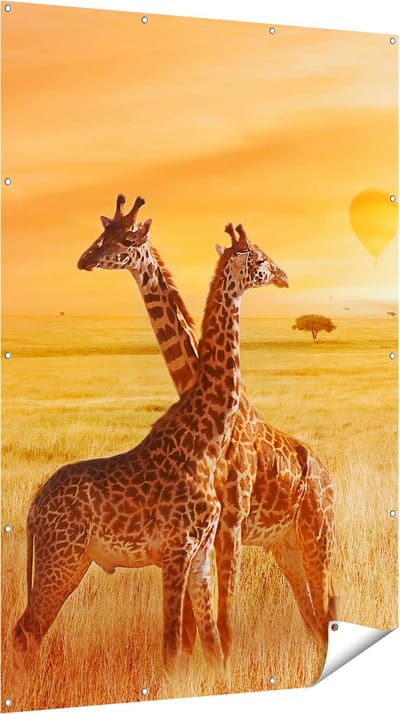 Gards Tuinposter Twee Giraffen met Twee Oranje Luchtballonnen - 120x180 cm - Tuindoek - Tuindecoratie - Wanddecoratie buiten - Tuinschilderij