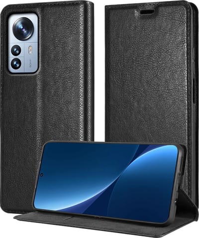 Cadorabo Hoesje geschikt voor Xiaomi 12 PRO in ZWARTE NACHT - Beschermhoes met magnetische sluiting, standfunctie en kaartvakje Book Case Cover Etui