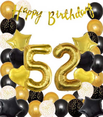 Snoes Ballonnen 52 Jaar Black Gold Dots Mega Ballon - Compleet Feestpakket Goud Zwart Stippen Cijferballon 52 - Verjaardag Versiering DIY Slinger Happy Birthday – Folieballon – Latex Ballonnen - Helium Ballonnen
