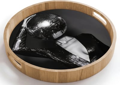 Dienblad rond 40x40 cm - Schootdienblad hout - Discobal - Gezicht - Glamour - Zwart - Borrelplank rechthoek - Plateau houten dienbladen