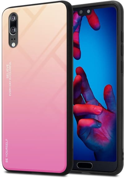 Cadorabo Hoesje geschikt voor Huawei P20 in GEEL - ROZE - Tweekleurige beschermhoes van TPU-silicone Case Cover en achterzijde van gehard glas