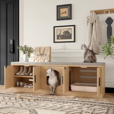 STILVORA Opbergkast – Verbergd Kattentoilet Met Krabmat – Multifunctionele Schoenenbank – Spaanplaat – 140x40x45.5 Cm – Notenbruin