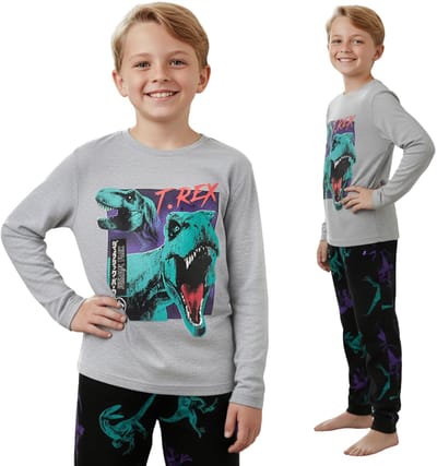 Jurassic World Katoenen, grijze pyjama voor jongens, TWEE-DELIGE pyjama met lange mouwen