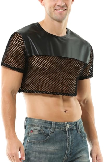 Dailygoods- Crop Top Glanzend - Korte Mouwen - Slim Fit - Kunstleer - Ronde Hals - Perfect voor Feestjes - Heren Shirt