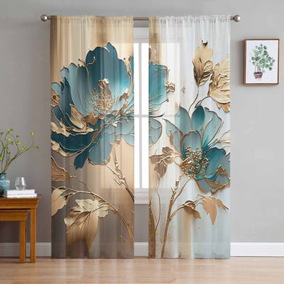 Olieverfschilderij, Metalen Bloemen Realistisch Goudfolie Tule Raamgordijnen voor Slaapkamer Luxe Draperieën in Woonkamer Chiffon Panelen 135W x 114H(cm) gray