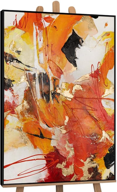 Canvas schilderij landschapsformaat handgeschilderd oranje explosie abstract warm – YS-Art Gallery – Energieke wanddecoratie voor woonkamer – Modern schilderij voor hal en kantoor