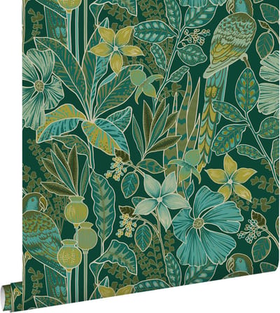 ESTAhome behang tropische bloemen en paradijsvogels donkergroen - 50 x 900 cm - 131158