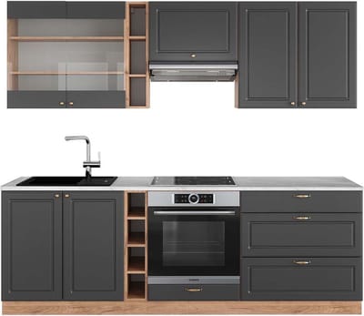 Vicco Fame-Line Complete keukeneenheid – 235 cm, WB Marmer Antraciet Landhuis/Goud Kraft Eik