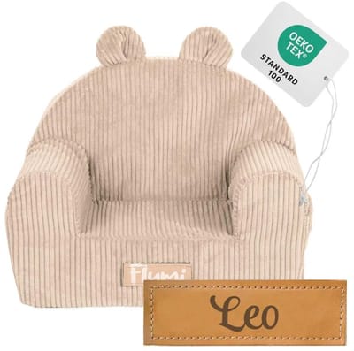 Flumi - Kinderfauteuil - Corduroy kinderstoel beige - Met oortjes - Gepersonaliseerd met naamgravure