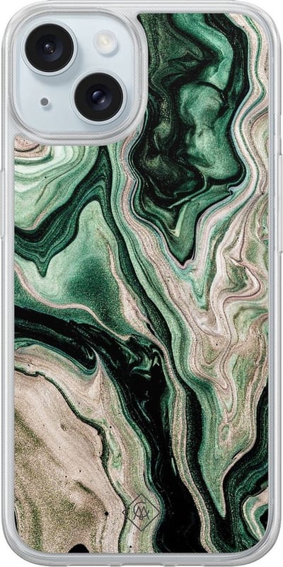 Casimoda® hoesje - Geschikt voor iPhone 13 - Groen marmer / Marble - 2-in-1 case - Schokbestendig - Marble design - Verhoogde randen - Groen, Transparant