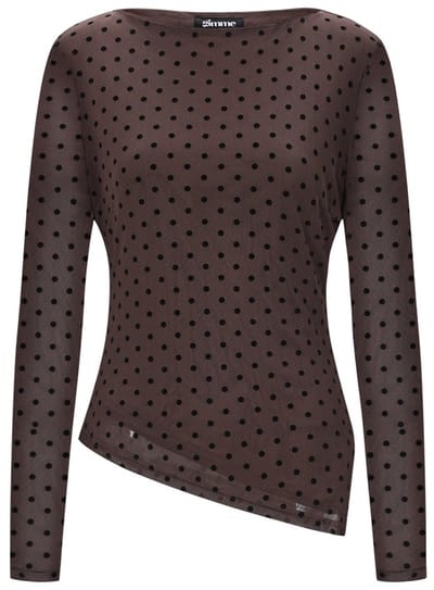 Klassiek Gestippeld T-shirt met Lange Mouwen – Modieuze Dames Longsleeve met Polkadot Dessin – Fijngebreide Stretchtop met Ronde Hals - Bruin - S