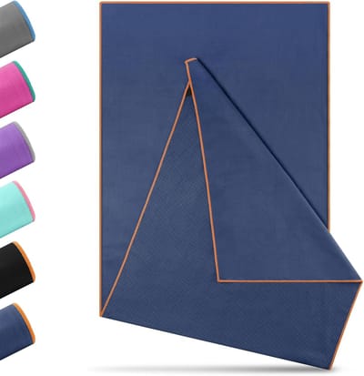 Antislip microvezel yogahanddoek 185 x 65 cm, absorberend en hygiënisch voor hot yoga, fitness en studio gebruik, wasbaar en duurzaam (marineblauw-oranje)