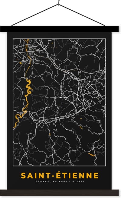 Posterhanger incl. Poster 40x60 cm - Schoolplaat - Kaart – Plattegrond – Frankrijk – Saint-Étienne - Stadskaart - Textielposter - Zwarte latten - Stadskaart