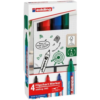 edding 380 flipchart marker set met 4 kleuren - zwart, rood, blauw, groen - ronde punt 1,5-3 mm - geschikt voor alle soorten vellen papier - navulbaar - cap-off technologie - drukt niet door