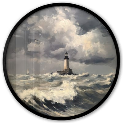 Poster in lijst Rond - Fotolijst 40x40 cm - Posters - Vuurtoren - Golven - Storm - Ronde posterlijst zwart - Decoratie - Wanddecoratie woonkamer - Muurdecoratie slaapkamer