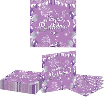 Dailygoods- Servetten 20 Stuks - Papieren Servetten - Happy Birthday Thema - Wegwerp Servetten - Diner/Picknick - 16,5 cm x 16,5 cm - Paarse/Zilveren Decoraties - Partyservetten