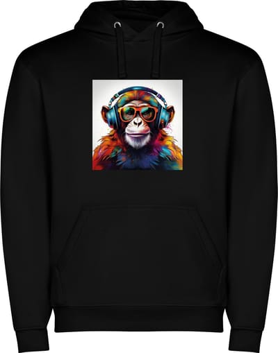 Zwarte unisex hoodie met “ Kleurrijke Chimpansee met Bril en Koptelefoon“ Print Full Color merk Roly maat S