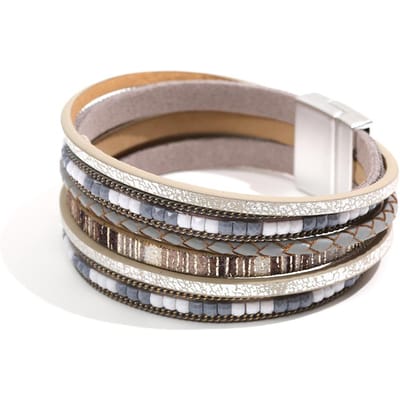 Meerlaags Leren Armband Boheemse Geweven Leer Magnetische Sluiting Armband Sieraden Mode Polsband grijs