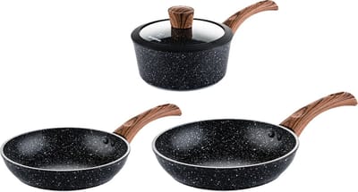 Westinghouse 3-delige Pannenset – Koekenpannen Ø 28 & 30 cm + Steelpan Ø 18 cm – Antiaanbaklaag – Inductie – PFOA-vrij – Black Marble Wood