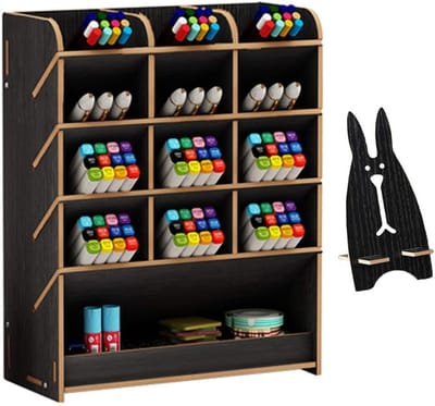 Famanu - Houten bureau-organizer Multifunctioneel bureaublad briefpapier Pennenhouder Doos voor thuiskantoor Schoolbenodigdheden Opbergrek met lade (Zwart-b12)