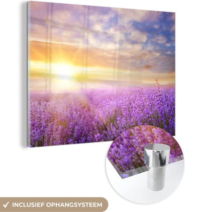 MuchoWow® Glasschilderij 40x30 cm - Schilderij acrylglas - Lavendel - Zon - Lucht - Natuur - Foto op glas - Schilderijen