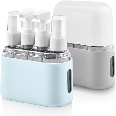 4-in-1 Transparante Refill Flessen voor Reizen, Herbruikbare Toilettassen met Spray- en Pompflessen, Inclusief Labels en Opbergdoos