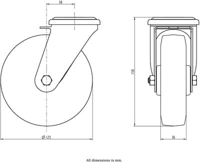 125 mm roestvrijstalen zwenkwiel met blauw elastisch rubber op een nylon middenwiel