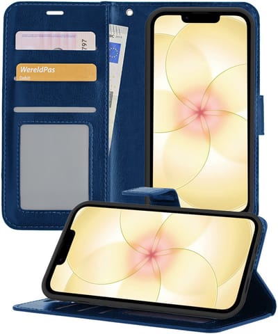 Hoesje - Met Pasjeshouder - Geschikt voor Apple iPhone 17e - Luxe Bookcase Portemonee - Flip Case - Kunstleer Book Case - Flipcase - Book Cover - Walletcase - Portemonneehoes - Telefoonhoesjes - Donkerblauw
