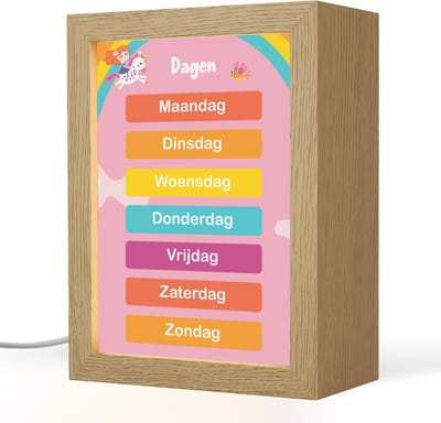 Nachtlampje 15x20 cm - Kinder lampje - Dagen van de week - Educatief - Leren voor kinderen - Roze - Tafellamp kinderkamer - Slaapkamer lamp - Bedlamp kinderen - Kinderlampje stopcontact - Wandlamp babykamer - Nachtlampjes