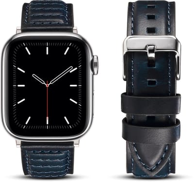 By Qubix - Geschikt voor Apple Watch bandje - Oil Wax Leren band - Donkerblauw - Geschikt voor Apple Watch 44mm / 45mm / 46mm / 49mm (Ultra 1,2 en 3)