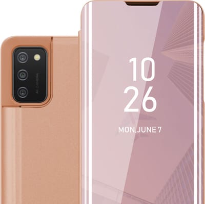 Cadorabo Hoesje geschikt voor Samsung Galaxy A02s in KUNZIET ROZE - Clear View Spiegel Beschermende Case met Tribunefunctie 360 Graden Bescherming Book Case Cover Etui