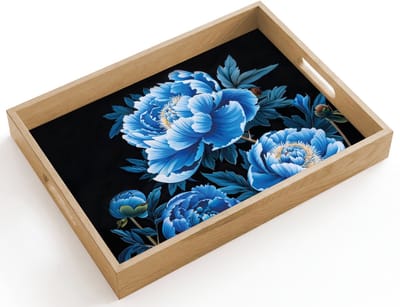 Dienblad hout 40x30 cm - Schootdienblad - Bloemen - Zwart - Blauw - Modern - Borrelplank rechthoek - Plateau dienbladen