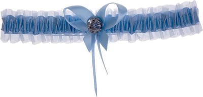 Kousenband lichtblauw met strikje en strass