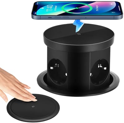 Emvae Inbouw Stekkerdoos - Inbouw Stopcontact - Pop up Stekkerdoos - USB-C, USB-A en 15W Draadloos Opladen - 120 mm - Zwart