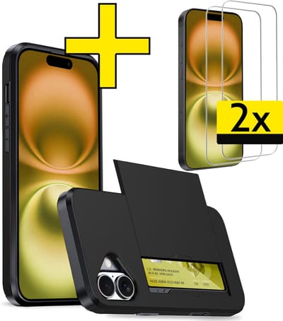Hoesje Geschikt voor iPhone 16 Hoesje Case Pashouder Hard Cover Met 2x Screenprotector - Hoes Geschikt voor iPhone 16 Hoesje Met Kaarthouder - Zwart