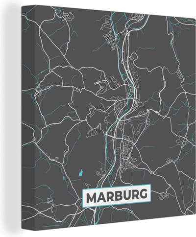 Canvas Schilderij Stadskaart – Kaart – Marburg – Blauw – Duitsland – Plattegrond - 20x20 cm - Wanddecoratie