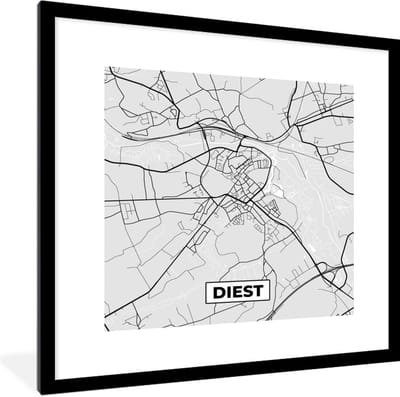 Fotolijst incl. Poster Zwart Wit- België – Diest – Stadskaart – Kaart – Zwart Wit – Plattegrond - 40x40 cm - Posterlijst