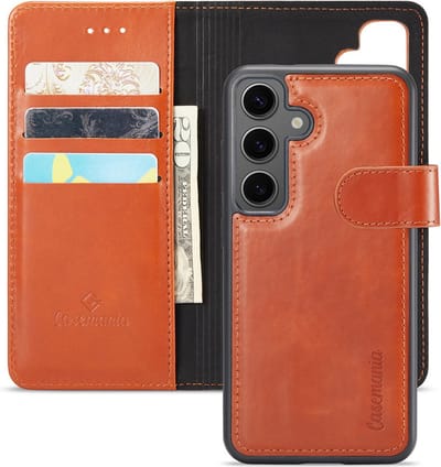 CaseMania Bookcase hoesje geschikt voor Samsung Galaxy S24 - Effen Cognac - Leer - 2-in-1 Magnetisch Uitneembaar Design