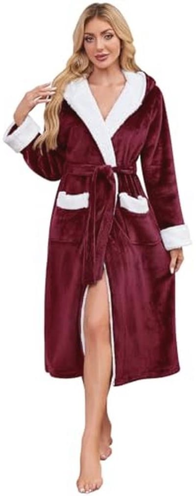 Lange Pluche Fleece Badjas met Capuchon voor Dames - Warme Flanellen Ochtendjas met Geruit Patroon
