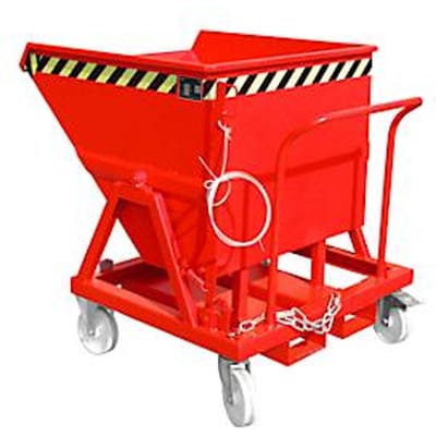 Kiepbak Bauer KS 400, staal, rood, B 1220 x D 1200 x H 1115 mm, 400 l, tot 1000 kg, looprollen, handmatige kiepinrichting