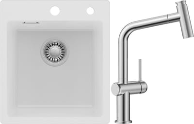 Auralum max Spoelbak voor keuken 40x45CM - Graniet Spoelbakken Met Keukenkraan met Uittrekbare Uitloop - Enkele spoelbak Wit - Met waterafvoersysteem - Voor 40 cm kast