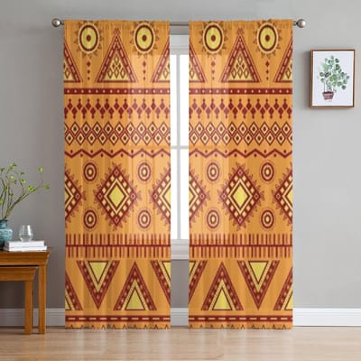 Azteekse Decoratieve Inpakenvelop Tule Doorzichtige Gordijnen voor Woonkamer Slaapkamer Keuken Decoratie Voile Organza Gordijnen 135W x 114H(cm) beige
