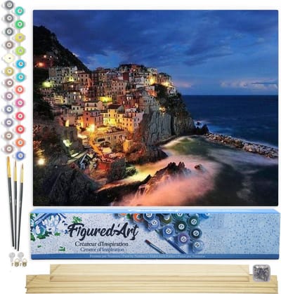 Figured'Art Schilderen op Nummer Volwassenen canvas Dorp en kust - Handwerk acrylverf Kit DIY Compleet - 40x50cm met DIY houten lijst