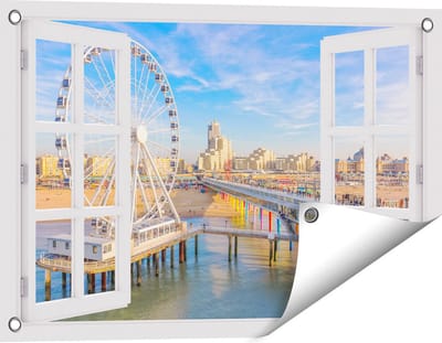Gards Tuinposter Doorkijk Scheveningen Pier met de Ferris Wheel - Reuzenrad - 60x40 cm - Tuindoek - Tuindecoratie - Wanddecoratie buiten - Tuinschilderij