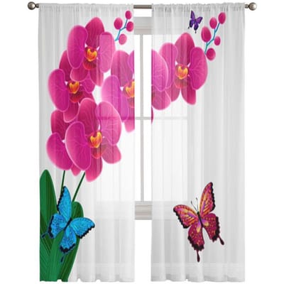 Bloem Roze Orchidee Reflectie Transparante Gordijnen Voor Meisjes Kinderen Slaapkamer Keuken Raam Gordijnen Gordijn Huisdecoratie 135W x 114H(cm)